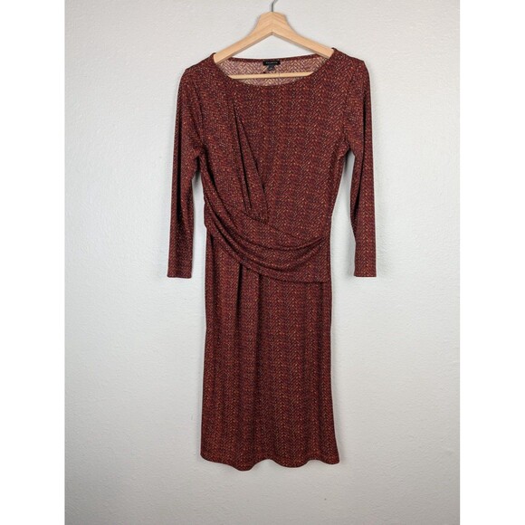 Talbots Dress Small Red Multicolor Ruched Waist 3/4 Sleeve Knit Boat Neck Mb - Picture 1 of 7